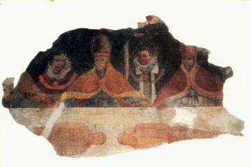 Affresco della S.Sindone presso la Cappella di San Grato (XVI sec.). Sono rappresentati anche Emanuele Filiberto di Savoia e il figlio Carlo Emanuele